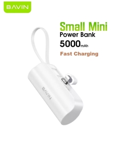 Mini Power Bank 5000mAh Charge Rapide avec Port Lightning et câble USB intégré & Support - Blanc