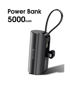 Mini Power Bank 5000mAh Charge Rapide avec Port Lightning & Câble USB Intégré & Support Noir